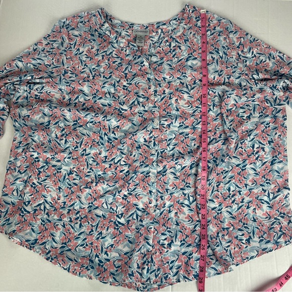 Catherines Blue Pink Floral Top Blouse Button Up 3/4 Roll Tab Sleeves Plus 3X‎ - Picture 9 of 9